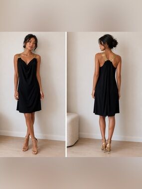 Michael Kors Black Slip Dress with Gold Shoulder Straps NWT